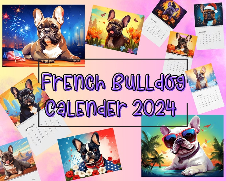French Bulldog Calendar 2024, Frenchie Wall Calendar Gift, 12 Month