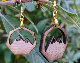 Mountain Octagon Sunrise Wood Dangle Earring