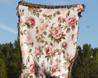 Pink Rose Shabby Cotton Woven Throw Blanket | Throw Blanket Couch | Gift For Her | Boho Throw Blanket