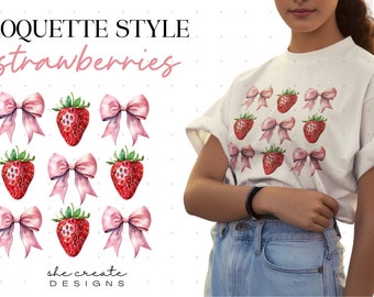 Strawberry and Bows Coquette Aesthetic Design | Pink Bow | Soft Girl PNG