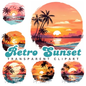 Retro Sunset Clipart | Retro Sunset PNG | Beach Sunset | Beach Clipart