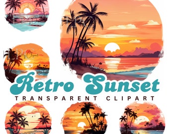 Retro zonsondergang clipart | Retro zonsondergang PNG | Strandzonsondergang | Strand clipart