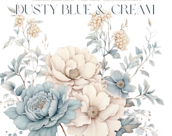 Dusty Blue Floral Clipart | Watercolor Clipart | Spring Clipart
