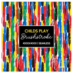 Puede incluir: Un patrón sin costuras con pinceladas coloridas en rojo, amarillo, azul, verde y negro. El patrón es de 4000x4000 píxeles y se llama "Childs Play Brushstroke".