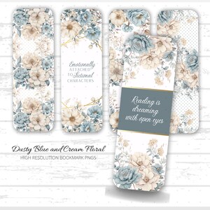 Dusty Blue and Cream Floral Bookmark Pngs | Bookmark Designs | Printable Bookmarks | Book Lovers