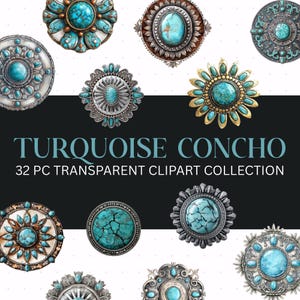 Può includere: Una collezione di 32 immagini clipart di conchos turchesi. I conchos sono in argento, oro e marrone con pietre turchesi al centro. I conchos sono di varie forme e dimensioni. Turquoise Concho 32 PC Transparent Clipart Collection.