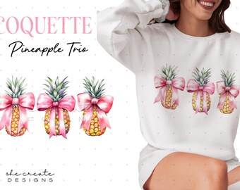 Pineapple Trio Coquette Aesthetic Design | Pink Bow | Soft Girl PNG