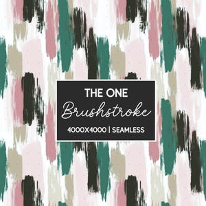 Op de afbeelding: Abstract naadloos patroon met overlappende penseelstreken in tinten roze, groen, zwart en beige. De tekst "THE ONE Brushstroke 4000x4000 | SEAMLESS" wordt weergegeven in een zwarte rechthoek.