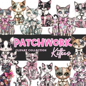 Könnte beinhalten: Eine digitale Clipart-Sammlung von Patchwork-Katzen. Die Katzen sind in verschiedenen Posen und haben unterschiedliche Muster und Farben. Der Text "Patchwork Kitties" und "Clipart Collection" wird auf einem schwarzen Hintergrund angezeigt.