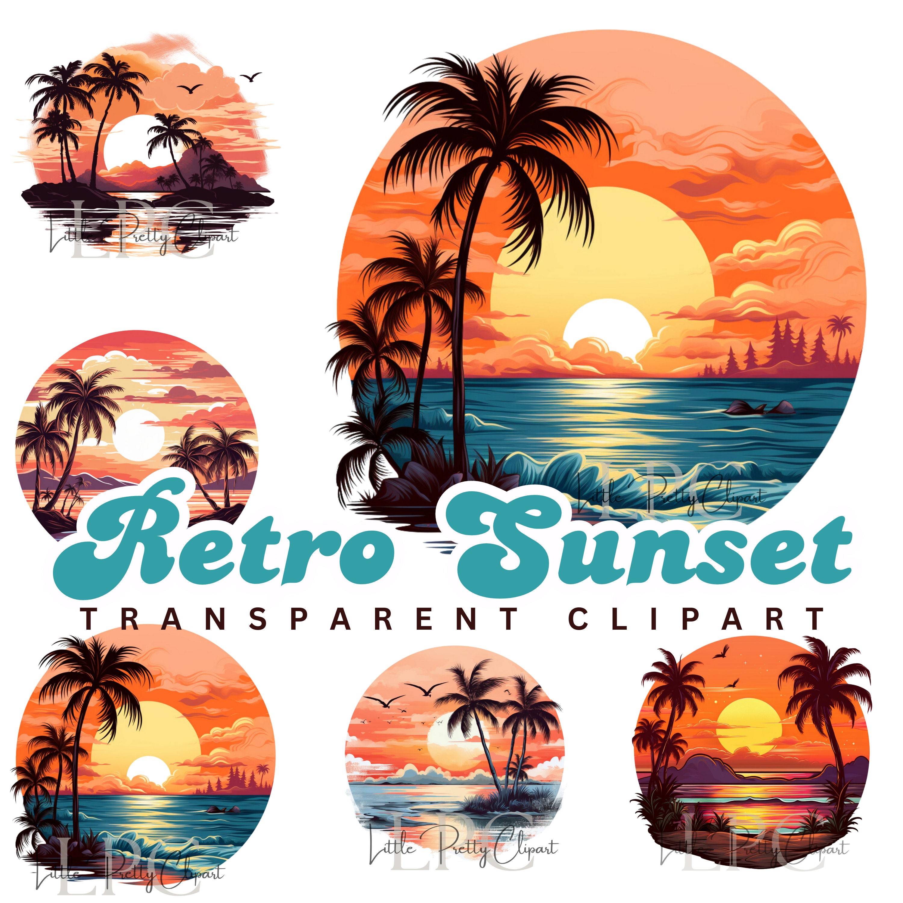 Retro Sunset Clipart | Retro Sunset PNG | Beach Sunset | Beach Clipart ...