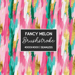Può includere: Uno schema senza cuciture con pennellate astratte in rosa, bianco, verde e oro. Il testo "FANCY MELON Brushstroke 4000X4000 | SEAMLESS" è visualizzato in un rettangolo nero.