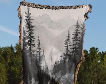 Tree and Mountain Cotton Woven Throw Blanket | Wall Tapestry |  Mountain Scene Throw