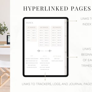 May include: A digital planner for pregnancy with a weekly index for each trimester. The planner includes sections for baby, health, and getting ready. The index is hyperlinked to the beginning of each trimester and to trackers, logs, and journal pages.
