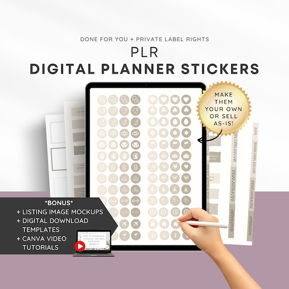 PLR Digital Planner Stickers | Goodnotes Sticker Book + Editable Canva Template | Resellable Digital Planner Stickers | Private Label Rights