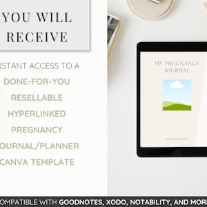 May include: A digital tablet displaying a pregnancy journal template on the screen. The template is titled "My Pregnancy Journal" and features a green and blue landscape illustration. The text "From Bun to Birth" is visible at the bottom of the template. The tablet is on a white surface.