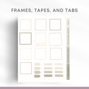 May include: Printable planner page with frames, tapes, and tabs for organizing and decorating. The page includes a variety of shapes and sizes for frames, tapes, and tabs, as well as sections for sticky notes, pins, and affirmations.