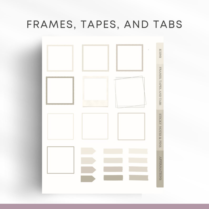 May include: Printable planner page with frames, tapes, and tabs for organizing and decorating. The page includes a variety of shapes and sizes for frames, tapes, and tabs, as well as sections for sticky notes, pins, and affirmations.