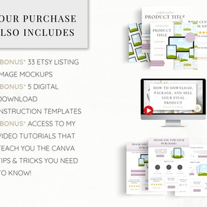 May include: A digital product listing for Etsy sellers, including 33 image mockups, 5 digital download instruction templates, and access to video tutorials on how to download, package, and sell your final product using Canva. The listing includes customer testimonials and a thank you for purchase card.