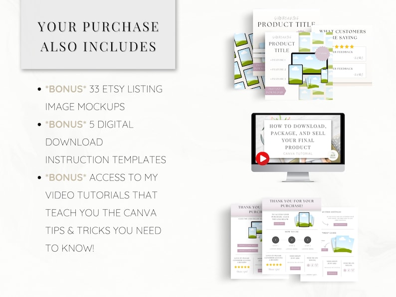 May include: A digital product listing for Etsy sellers, including 33 image mockups, 5 digital download instruction templates, and access to video tutorials on how to download, package, and sell your final product using Canva. The listing includes customer testimonials and a thank you for purchase card.