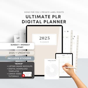 May include: A digital planner for 2025 with a beige background and the text "2025 Planner" in a black rectangle. The planner includes a habit tracker, a calendar, and stickers. The image also shows a laptop with a play button and the text "Canva Video Tutorials".