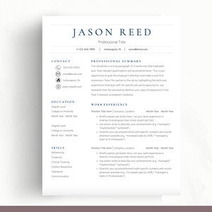 Puede incluir: Una plantilla de curr&iacute;culum vitae azul y blanca con el nombre Jason Reed en la parte superior. El curr&iacute;culum incluye informaci&oacute;n de contacto, un resumen profesional, experiencia laboral, educaci&oacute;n y habilidades.