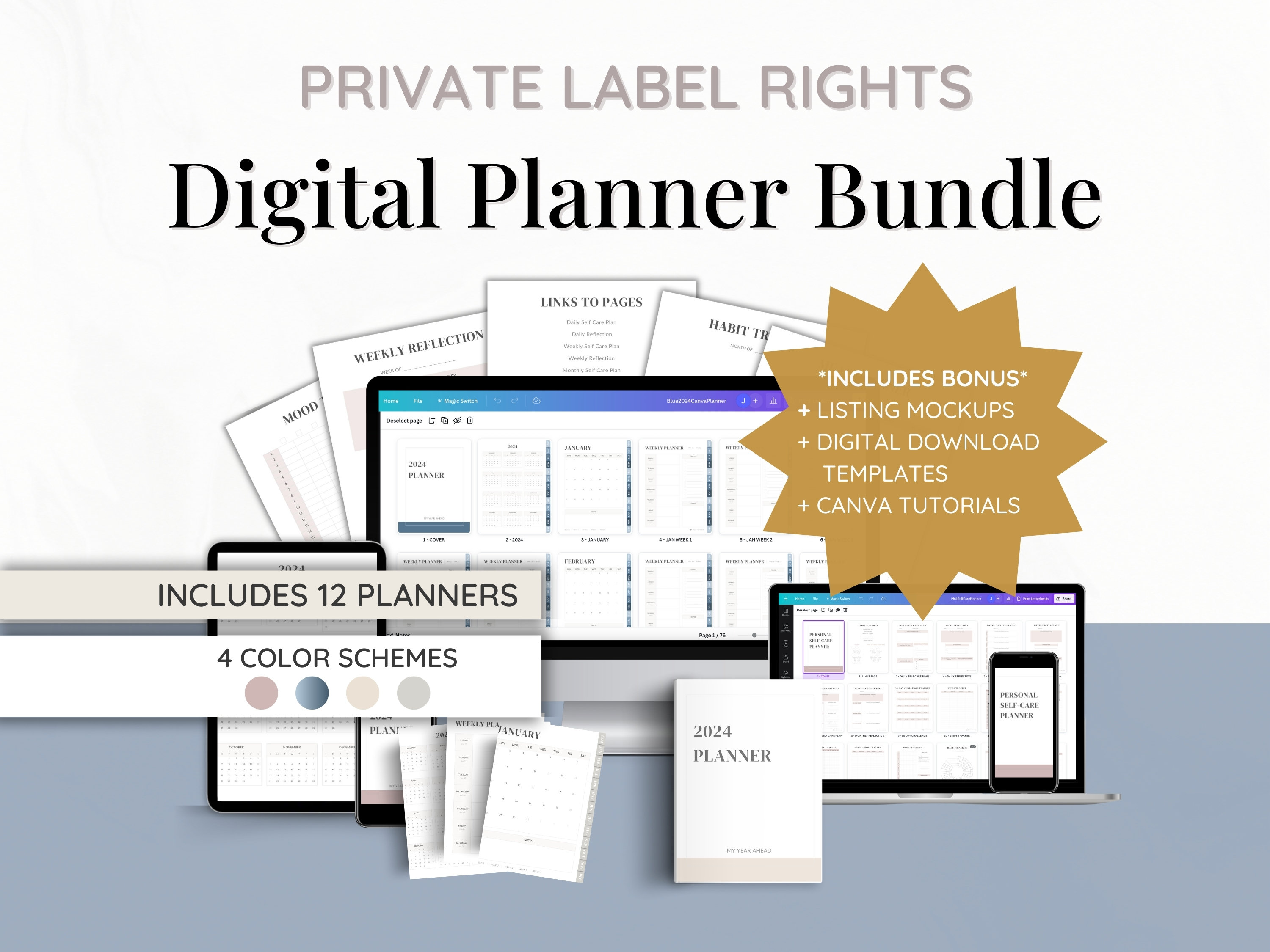 PLR Planner Bundle | 2024 and Undated | Self Care Planner | Editable Canva Template | Private Label Rights | Done For You | Passive Income