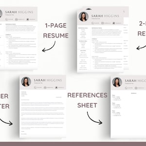 Puede incluir: Un conjunto de cuatro documentos para una solicitud de empleo, que incluye una carta de presentaci&oacute;n, un curr&iacute;culum de una p&aacute;gina, un curr&iacute;culum de dos p&aacute;ginas y una hoja de referencias. Cada documento presenta una foto profesional de la solicitante, Sarah Higgins, y una est&eacute;tica de dise&ntilde;o consistente.