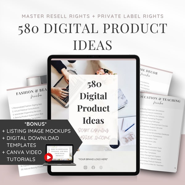 580 ideas de productos digitales para ingresos pasivos / Hecho para usted Lead Magnet / Haga crecer su lista de correo electrónico / Derechos de etiqueta privada / PLR / Plantilla Canva