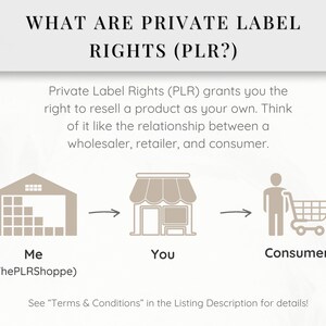May include: Diagram explaining Private Label Rights (PLR) with three icons: a warehouse, a store, and a person with a shopping cart. The text explains that PLR grants the right to resell a product as your own, like the relationship between a wholesaler, retailer, and consumer.