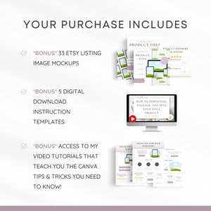 May include: A pink and white graphic with a checklist of items included in a purchase. The items include 33 Etsy listing image mockups, 5 digital download instruction templates, and access to Canva video tutorials. The graphic also includes a screenshot of a computer screen showing a Canva tutorial video and a screenshot of a thank you card.
