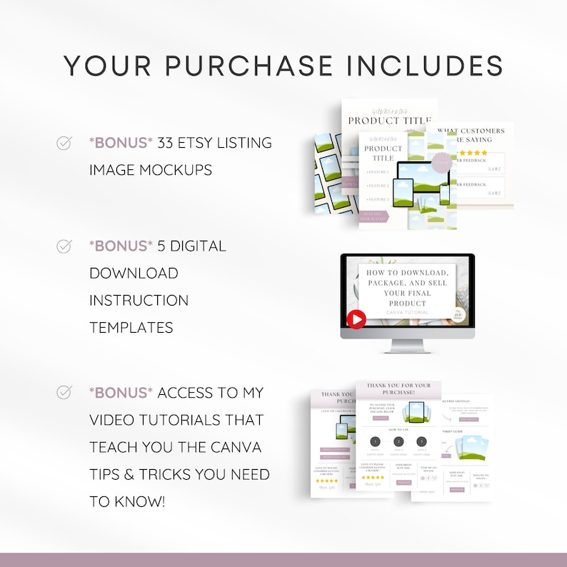 May include: A pink and white graphic with a checklist of items included in a purchase. The items include 33 Etsy listing image mockups, 5 digital download instruction templates, and access to Canva video tutorials. The graphic also includes a screenshot of a computer screen showing a Canva tutorial video and a screenshot of a thank you card.