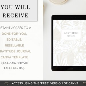 May include: A digital tablet displaying a white and gray gratitude journal Canva template with a floral design. The text "Gratitude Journal" is visible on the screen. The tablet is on a white surface with a white stylus next to it.