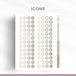 May include: A sheet of beige and white stickers with various icons. The icons include a stethoscope, a tooth, a heart, a shamrock, an eye, a house, a crown, a menorah, a Christmas tree, a dumbbell, a clock, an airplane, and a wine glass.