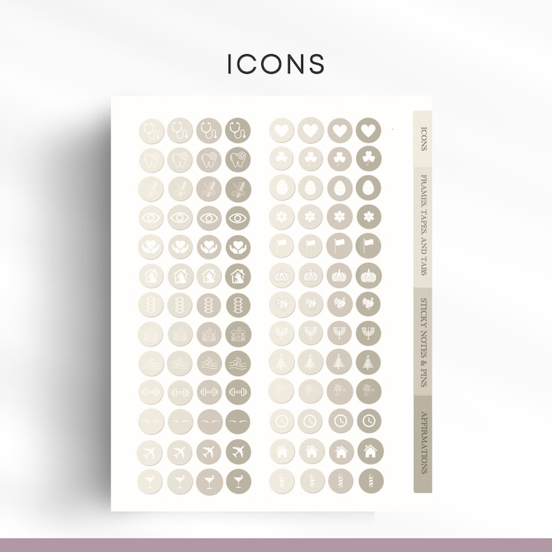 May include: A sheet of beige and white stickers with various icons. The icons include a stethoscope, a tooth, a heart, a shamrock, an eye, a house, a crown, a menorah, a Christmas tree, a dumbbell, a clock, an airplane, and a wine glass.