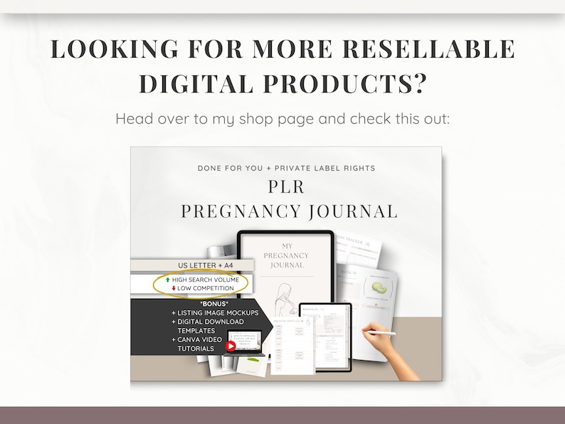 Puede incluir: Una maqueta de producto digital para un diario de embarazo. El diario est&aacute; en formato digital y est&aacute; disponible en tama&ntilde;os US Letter y A4. El producto incluye maquetas de im&aacute;genes de listado, plantillas de descarga digital, tutoriales de video de Canva y es un producto de alto volumen de b&uacute;squeda y baja competencia.