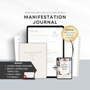 Puede incluir: Una maqueta de producto digital para un diario de manifestación con fondo blanco. El diario tiene un título dorado que dice "Diario de manifestación". El diario incluye un calendario, indicaciones de gratitud y afirmaciones. La maqueta también incluye un libro electrónico de bonificación e ideas de productos digitales.