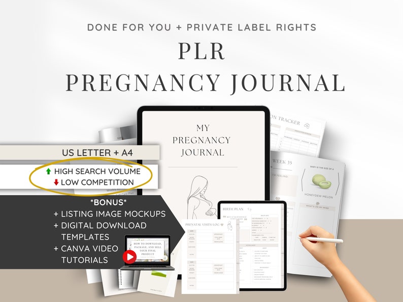 May include: A digital product mockup for a pregnancy journal with the text "My Pregnancy Journal" and "US Letter + A4". The journal includes a birth plan, a weekly tracker, and a section for recording cravings. The product is described as having high search volume and low competition.