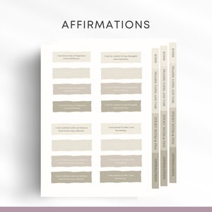 May include: A set of printable affirmation stickers with a beige background and white text. The affirmations include "I am deserving of happiness and fulfillment", "I am in control of my thoughts and emotions", "I am resilient and can bounce back from any setbacks", and "I am proud of who I am becoming".