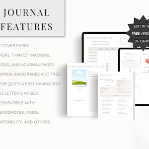 May include: A digital planner for pregnancy and childbirth with a light brown background. The planner includes sections for a contraction log, baby shower reflection, birth plan, and weekly progress. The text "Edit in the Free Version of Canva!" is displayed in a starburst shape.