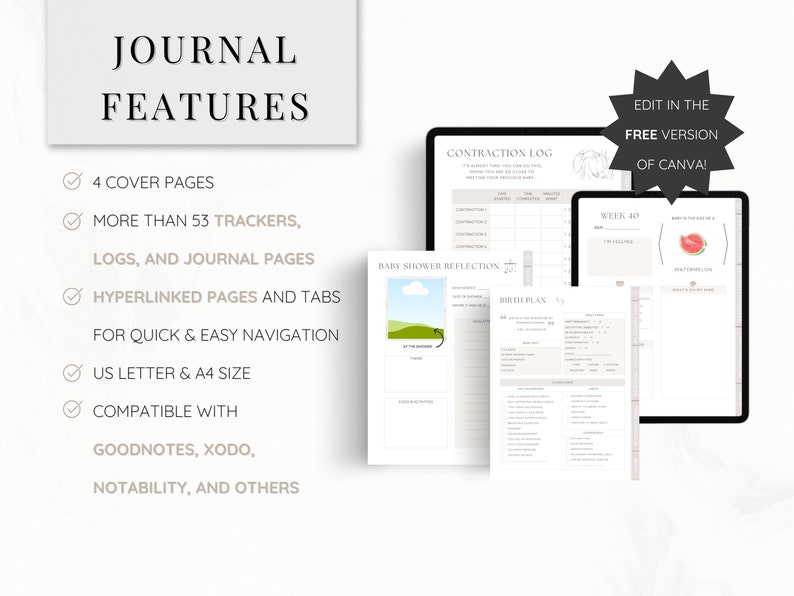 May include: A digital planner for pregnancy and childbirth with a light brown background. The planner includes sections for a contraction log, baby shower reflection, birth plan, and weekly progress. The text "Edit in the Free Version of Canva!" is displayed in a starburst shape.
