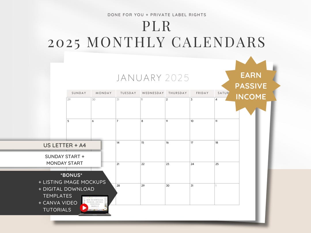 PLR Monthly Calendar Pages for 2025 | A4 & Letter Size | Sunday and ...