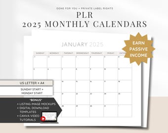 PLR Monthly Calendar Pages for 2025 | A4 & Letter Size | Sunday and Monday Start | Editable Canva Template Digital Product