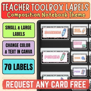 May include: A black plastic organiser with clear drawers featuring labels with a composition notebook pattern. The labels display text such as MARKERS, GLUE STICKS, STAPLE REMOVER, PENCILS, YARN, and PENS, accompanied by small illustrations of school supplies.