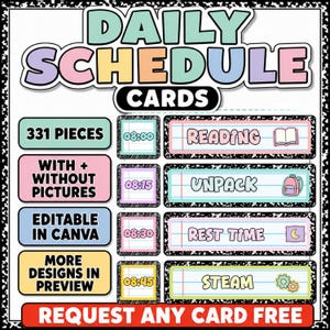 May include: A set of 331 daily schedule cards featuring pastel colors and a black and white composition notebook border. The cards include text for reading, unpack, rest time, and steam, with corresponding icons and digital clock times.