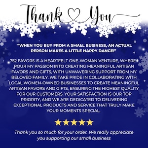 Puede incluir: Un gr&aacute;fico azul marino con copos de nieve blancos y el texto "Thank You". El texto incluye un mensaje sobre el apoyo a las peque&ntilde;as empresas y un agradecimiento por el pedido.
