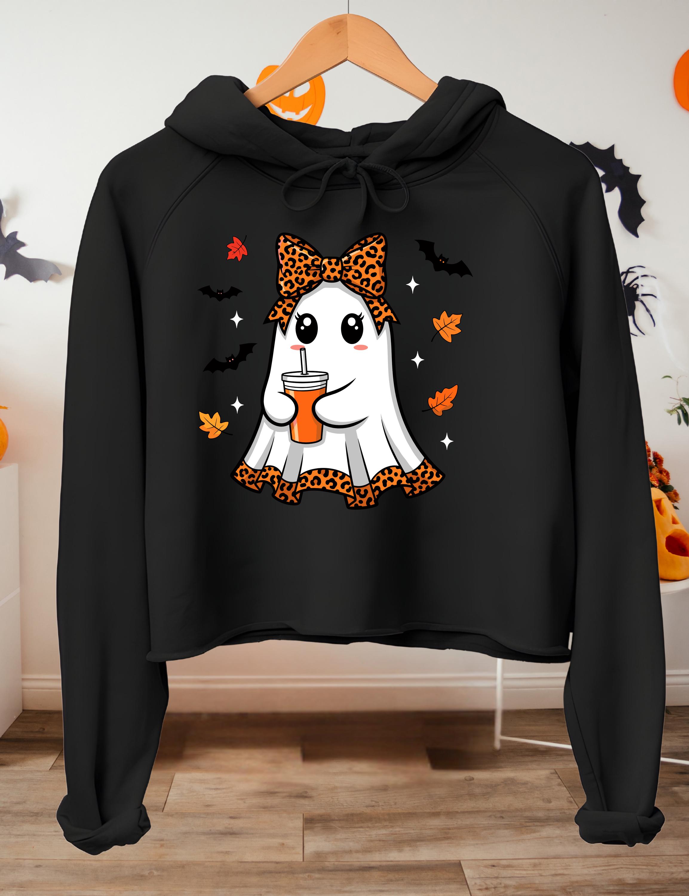 Felpa Donna Crop Fantasma Halloween – Manica Lunga Autunno – Con Stampa Lanterna Spettrale – Marrone