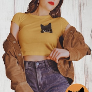 Top corto de gato/Top corto de gato lindo/Top corto de gato negro/Top con gato asomando/Top corto divertido para mujer/Regalo para amantes de los gatos/Sudadera para mamás de gatos