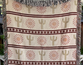 Western Ranch Throw Blanket, Southwestern Desert Home Decor, Sunburst and Cactus, Geometric Border, Boho Rustic Housewarming Gift