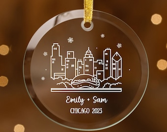 Custom Chicago Glass Holiday Ornament, Personalized Couple Name Anniversary Gift, New City, New Home, First Apartment, Travel Ornament