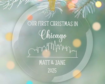Custom Chicago Illinois Skyline Glass Ornament, First Christmas Family Ornament, Couples Anniversary Gift